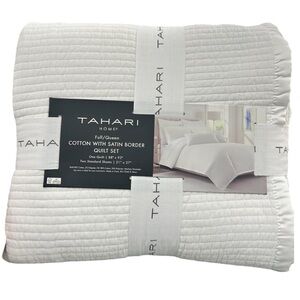 Tahari Full/Queen Cotton with Satin Border White Quilt Set 88”x92”